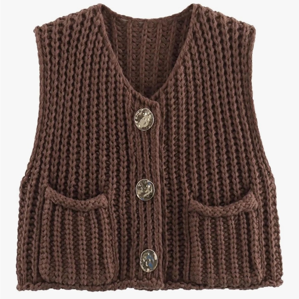 Brown Chunky Knit Crochet Boho Cottagecore Sweater Vest Chic Gold Buttons Size M